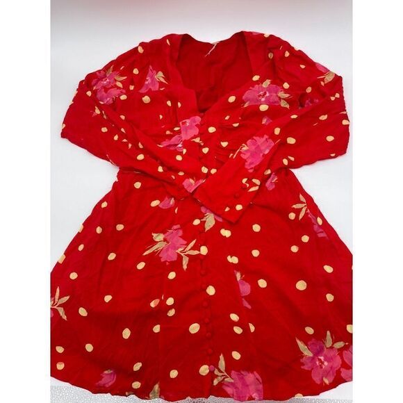 Free People Mini Dress Button Down Long Sleeves V Neck Sz XS Red w Flowers NWOT - Picture 10 of 13